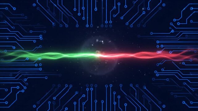 Green and red energy streams collide in a futuristic circuit board frame, forming a glowing data sphere. Represents tech, AI, computing, and digital concepts.