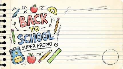 Back to School Super Promo on Lined Notebook Paper with School Supplies.