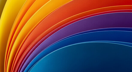 Curved layers of colorful paper, showcasing vibrant hues from yellow to blue, creating a dynamic and abstract design, ideal for backgrounds or decorative purposes