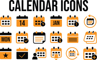 Collection of various black and orange calendar icons displaying dates days months events reminders and scheduling functions for web design