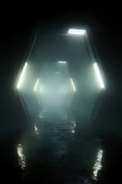 Dark room with a light in the middle of it, illuminated by a hexagonal shape. Professional commercial content. Commercial. High-resolution. High-res. Premium quality. Premium. Professional grade.