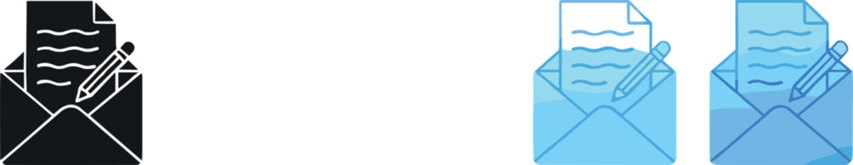 Document mail and envelope icon set vector illustration featuring message delivery and correspondence symbols in outline and filled styles for business communication and office workflow design