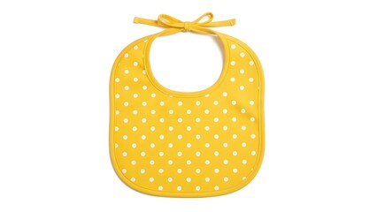 Yellow baby bib with white heart pattern isolated on white background