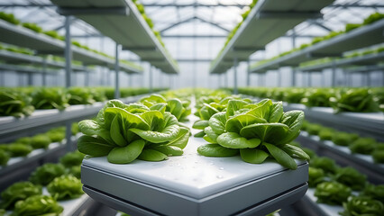 Rows of fresh lettuce growing in a sustainable hydroponic farm, showcasing modern agricultural techniques