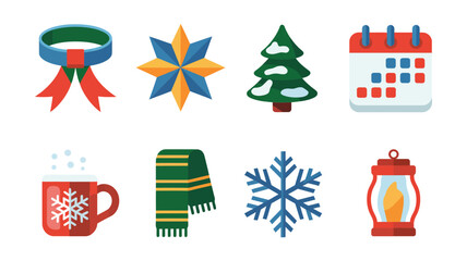 Winter holiday icons vector illustration set with ribbon rosette, star decoration, evergreen tree, calendar date, scarf, lantern, cocoa mug elements