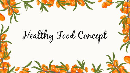 Summer vector banner with sea buckthorn branches, orange berries and green leaves. Botanical frame on white background for web banners, food branding and natural product design.