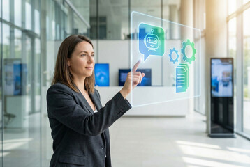 Businesswoman interacting with a futuristic holographic interface displaying AI and data icons in a modern office.