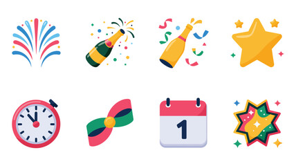 Festival countdown vector icons featuring fireworks burst, champagne, confetti streamers, round clock, calendar one, star badge, party celebration graphics
