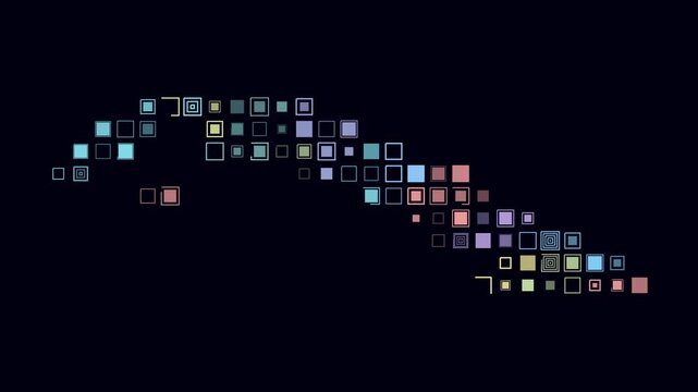 Cuba map animation. Shape of the country with pulsating colored dots. Large size square blocks. Digital style Cuba map on dark background. Creative video.