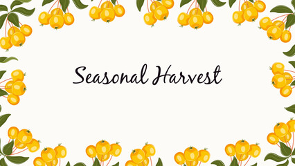 Sweet summer vector banner with yellow berries and green leaves. Elegant botanical frame on white background for web design, ads, social media, headers and seasonal promotions.