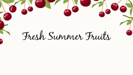 Sweet summer vector banner with ripe red cherries and green leaves. Botanical fruit frame on white background, perfect for web design, ads, packaging, seasonal promotions.