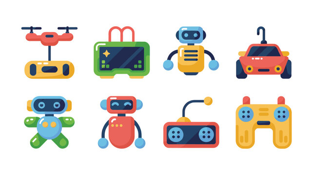 Robot and game controller icons vector set with friendly bots, handheld console, joystick, car toy, kids technology play illustration