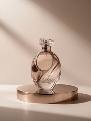 A perfume bottle with rose gold casing sits displayed on a round pedestal. The warm lighting casts distinct shadows, highlighting the luxurious design and premium feel of the fragrance packaging.