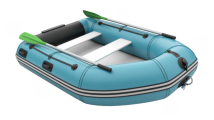 Blue inflatable boat with white seats and green paddles isolated on a transparent background