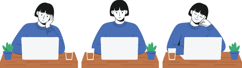 Woman working on laptop illustration set showing different emotions productivity moods and remote work lifestyle situations