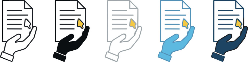 Document approval and file validation icon set vector illustration showing hands holding approved papers with star symbols for business workflow, verification, and quality control design