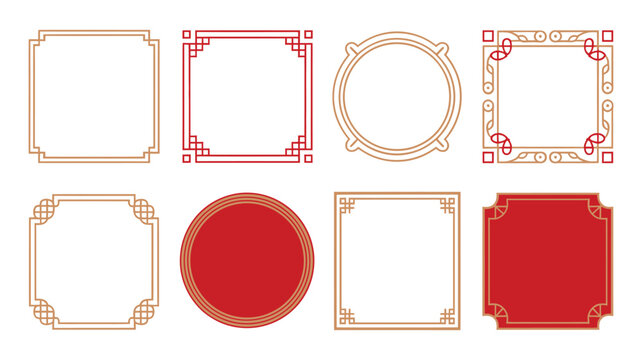 Lunar celebration frame collection, minimal red line borders, round badge, scallop square label, holiday invitation template, printable party signage