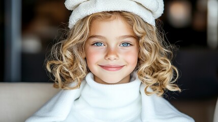 Portrait of a Smiling Girl with Curly Blond Hair Wearing White Knitwear