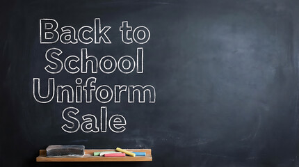 Back to School Uniform Sale written on a chalkboard with chalk and eraser.