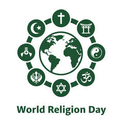 World Religion Day Concept: Global Unity and Interreligious Harmony Symbol with World Map