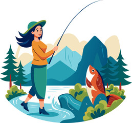Woman Fishing Near Lake with Big Catch, white background