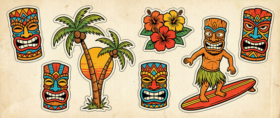 Vibrant collection of vintage-style Hawaiian tiki masks, palm trees, hibiscus flowers, and a surfer illustration.