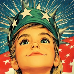Portrait of a Young Girl in Star Hat Against Fireworks