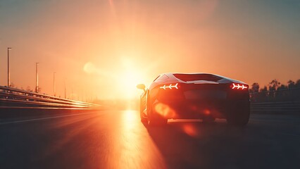 A sleek sports car driving away on a highway at sunset with vibrant orange and yellow hues
