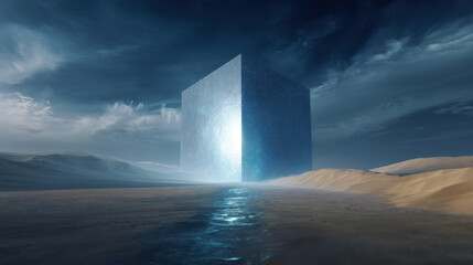 Skyscraper in the middle of a desert, surrounded by sand and hills. Professional commercial content. Commercial. High-resolution. High-res. Premium quality. Premium. Professional grade. Quality.