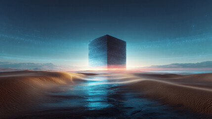 Tall skyscraper in the middle of a desert at night, surrounded by sand and illuminated by the moonlight. Professional commercial content. Commercial. High-resolution. High-res. Premium quality.