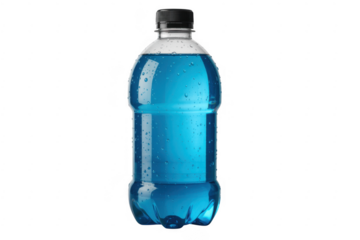 Blue sports bottle with water droplets isolated on a transparent background