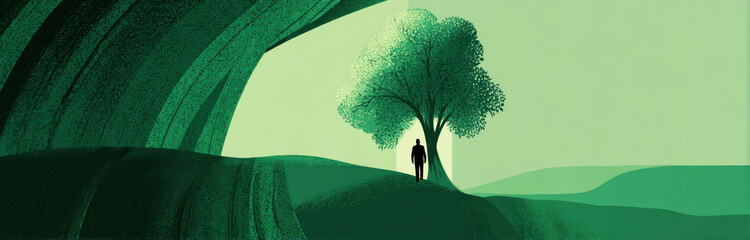 Man standing in the middle of a lush green landscape, with a tree in the background. Professional commercial content. Commercial. High-resolution. High-res. Premium quality. Premium. - Professional