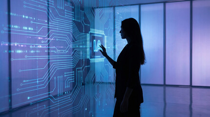 A woman's silhouette interacting with a futuristic transparent digital screen displaying circuit board patterns and data in a modern tech environment.
