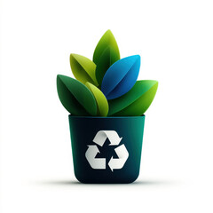 Potted plant with green leaves and a recycling symbol on it, set against a white background. Professional commercial content. Commercial. High-resolution. High-res. Premium quality. Premium.