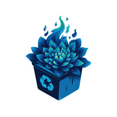 Blue flower in a blue box with a recycling symbol on it, set against a white background. Professional commercial content. Commercial. High-resolution. High-res. Premium quality. Premium. -