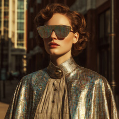 Woman wearing a gold jacket and sunglasses standing in front of a building, with a blurred background. Professional commercial content. Commercial. High-resolution. High-res. Premium quality. Premium.