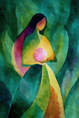 Painting of a woman in a green dress, with a green background. Professional commercial content. Commercial. High-resolution. High-res. Premium quality. Premium. Professional grade. Quality. -