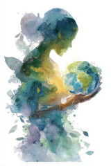Watercolor painting of a woman holding a globe in her hands, with a white background. Professional commercial content. Commercial. High-resolution. High-res. Premium quality. Premium. - Professional