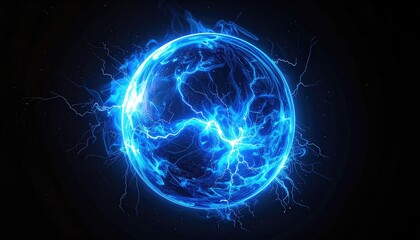 Glowing blue energy sphere with electric arcs on a dark background, radiating power and light