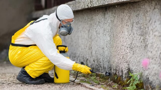 Technician in protective gear applying spray around building foundation to prevent insect infestation and ensure pestfree environment.