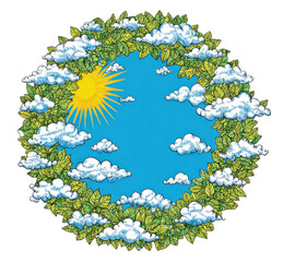 Blue sky with white clouds and a bright sun in the center, surrounded by lush green leaves. Professional commercial content. Commercial. High-resolution. High-res. Premium quality. Premium. -