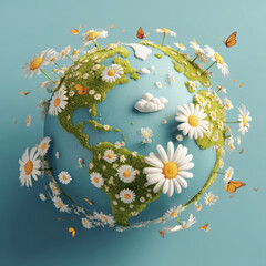 Globe surrounded by daisies and butterflies on a blue background. Professional commercial content. Commercial. High-resolution. High-res. Premium quality. Premium. Professional grade. Quality.