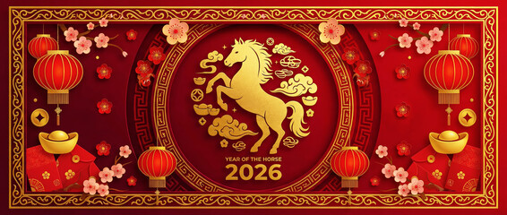 Red banner with horse and number 2026, Chinese New Year poster