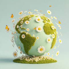Green globe surrounded by daisies and butterflies, with grass and flowers on the ground and a blue background. Professional commercial content. Commercial. High-resolution. High-res. Premium quality.