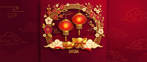 Beautiful traditional Chinese New Year banner with red lanterns and traditional decor