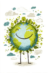 Cartoon earth with a smiley face on its face, surrounded by trees and clouds in the background. Professional commercial content. Commercial. High-resolution. High-res. Premium quality. Premium.