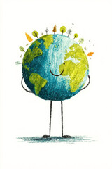 Painting of a smiling earth with trees on its head, set against a white background. Professional commercial content. Commercial. High-resolution. High-res. Premium quality. Premium. - Professional