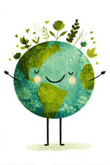 Cartoon earth with a smiley face and arms outstretched, surrounded by leaves and flowers, against a white background. Professional commercial content. Commercial. High-resolution. High-res. -