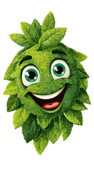 Cartoon green leaf with a big smile on its face, set against a white background. Professional commercial content. Commercial. High-resolution. High-res. Premium quality. Premium. Professional grade.