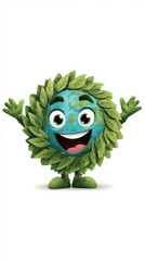 Cartoon character with a green leafy head and a big smile on its face, set against a white background. Professional commercial content. Commercial. High-resolution. High-res. Premium quality. Premium.